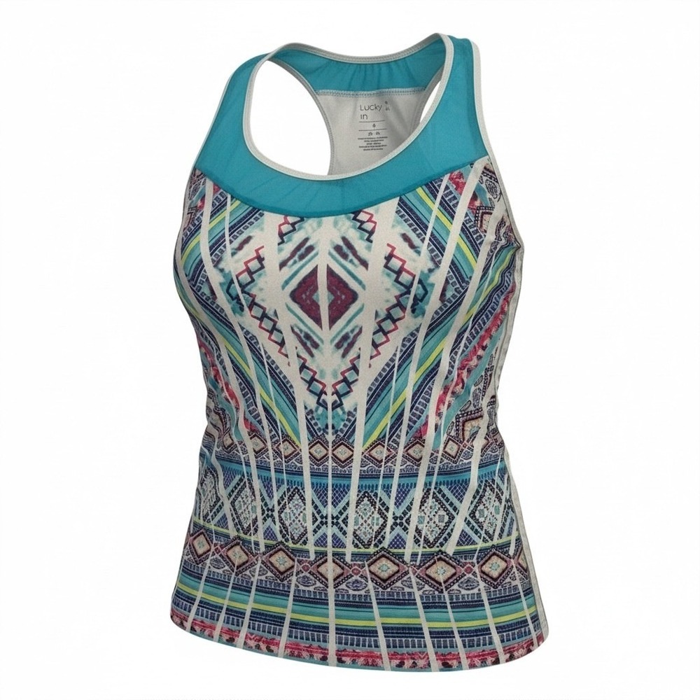 Lucky in Love Womens Tank Top‎ XL Geometric Print Racerback Athletic Tennis
